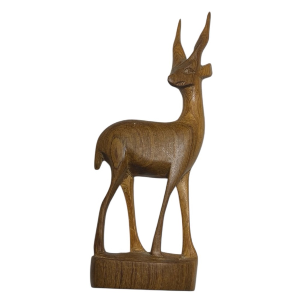 Vintage Wooden  Fawn Gazelle Deer Elk Figure Hand Carved 8” Tall Statue MCM